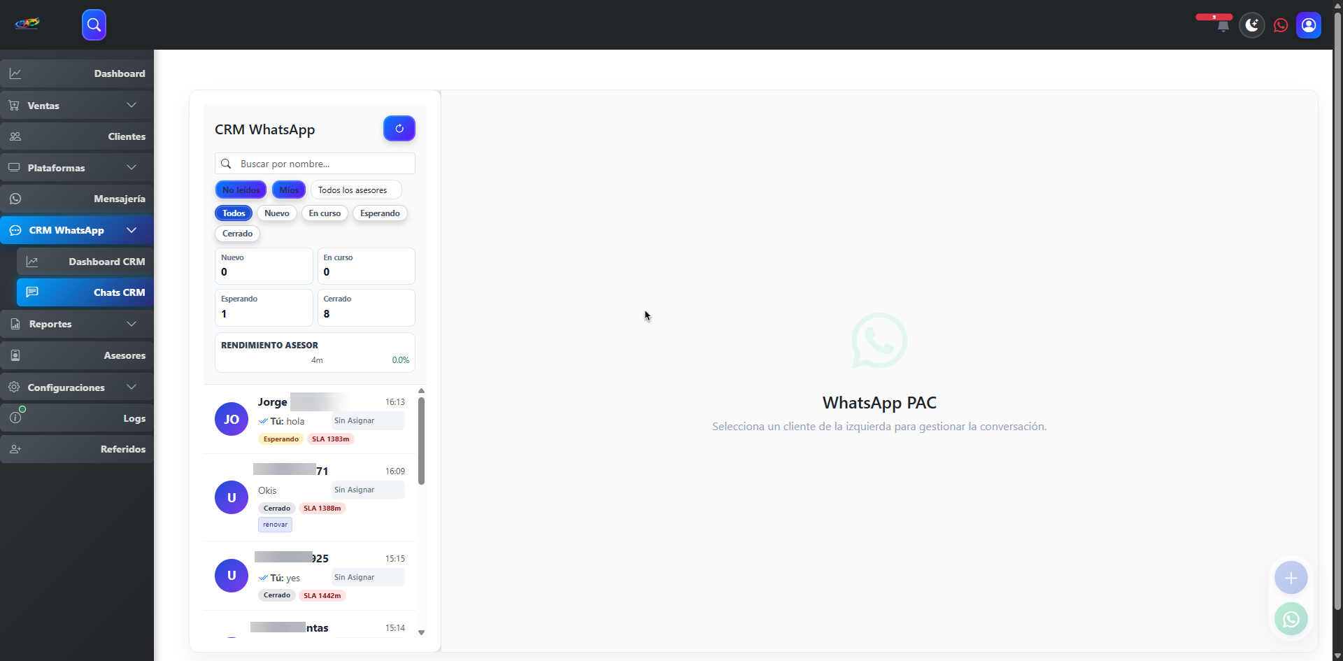 Vista real del CRM WhatsApp en PAC